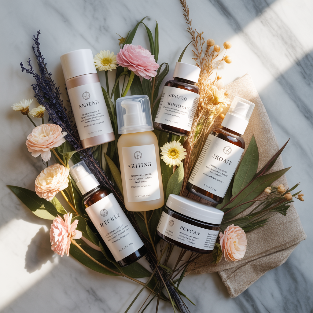 AI-generated product photography flat lay of skincare products