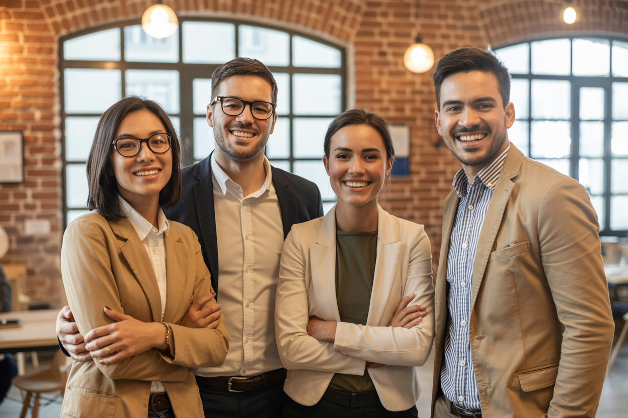 AI-generated team photo of diverse professionals in a co-working space