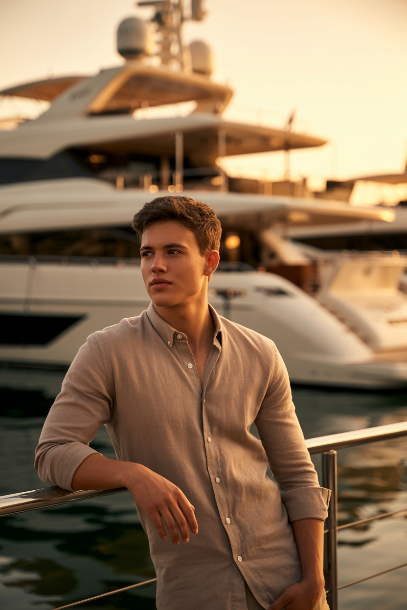 After: professional photo at yacht marina at golden hour