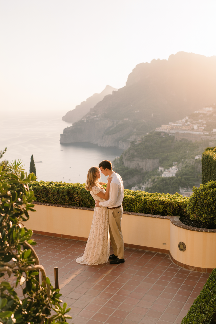 Couple at Italian villa overlooking Amalfi Coast