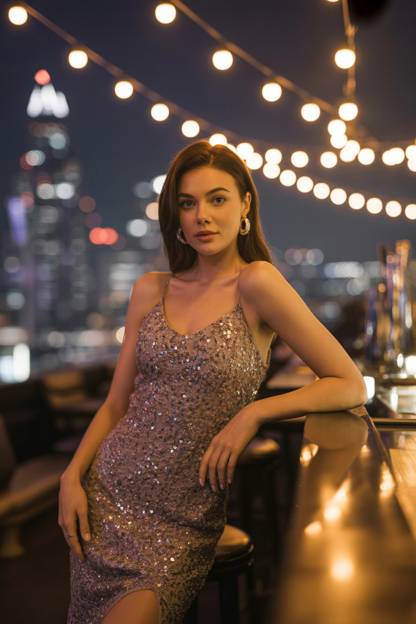 Woman at rooftop bar with city lights
